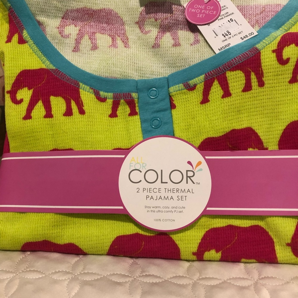 NTW  Allforcolor 2 piece ladies M 100% cotton pjs. Pink elephants on lime